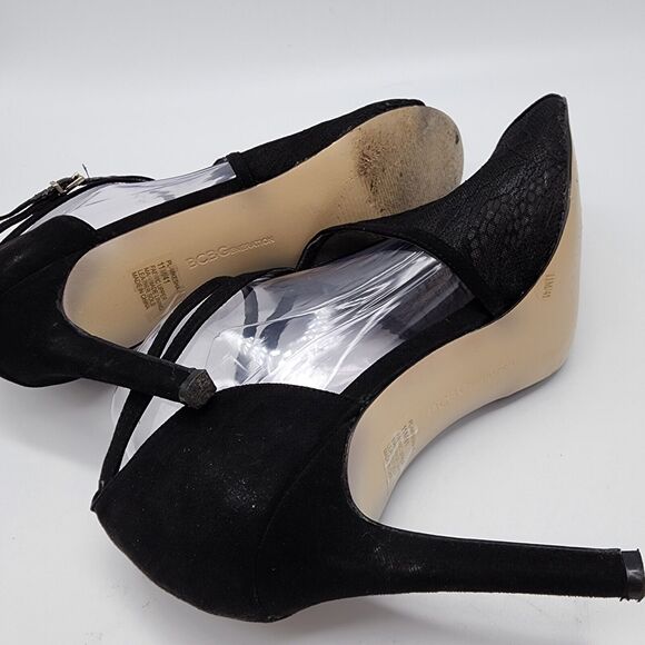BCBG Black Mesh Floral Lace Stiletto Heels Size 11 Ankle Strap Open Toe Wedding - Picture 12 of 13